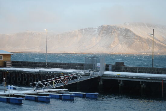 Blick auf den Hafen und die Eisberge