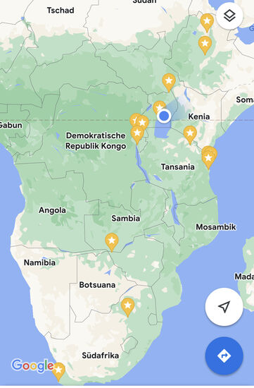 Hier ist unsere Planung auf der Karte zu sehen:
Berlin- Uganda-Tansania-Sansibar-Ruanda-DR Kongo- Burundi- Äthiopien-Zimbabwe-Sambia-Botswana-Südafrika