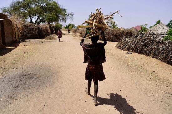 Eine junge Frau trägt Holz auf dem Kopf.
