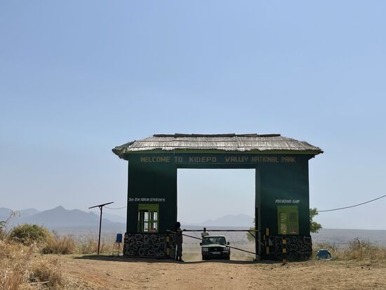 Wir fahren am Abend von der Lodge in den Park hinein.