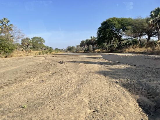Wir fahren auf der erhöhten Spur durch das Flussbett. Wenn hier Wasser strömt, sei es sehr gefährlich. Kommt man von der Spur ab, dann reißt das Wasser die Fahrzeuge mit. Kann man sich so garnicht vorstellen. Seit November hat es hier keinen Regen gegeben.