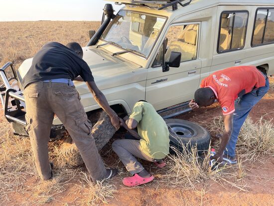 Der Mechaniker stellt fest, dass Bolzen und Muttern an einer Radaufhängung abgerissen sind. Keine Chance: hier ist nichts zu machen. Die abgerissenen Teile werden eingesammelt und verladen - es geht zurück zur Lodge und zum Schweißen in die Werkstadt.