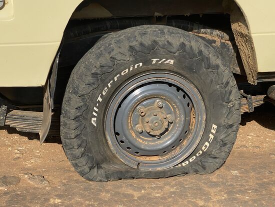 Es dauert nicht lange: Denis fährt links an den Straßenrand und sagt „flat Tire“ -wir wollen es erst nicht glauben, aber es ist tatsächlich so.