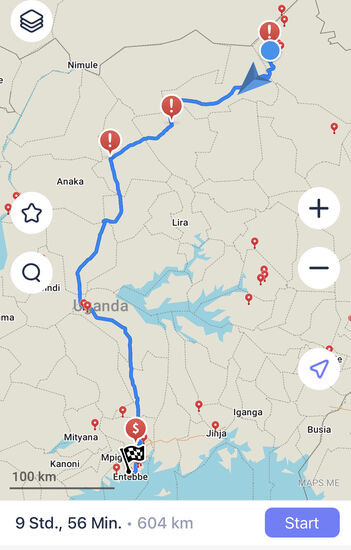 Eine lange Strecke liegt vor uns—an den roten ! sieht man die Unwegsamkeit-erst die 2. Hälfte ist eine gute Straße auf der wir zügig—vorankommen.
Eingeplant sind mindestens 10 Stunden