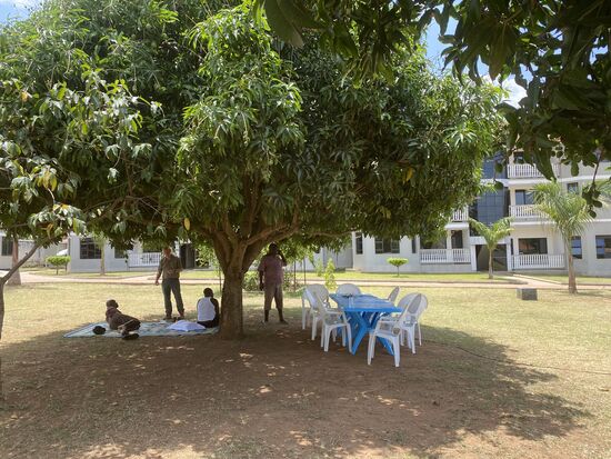 Gegen 13:30 Uhr erreichen wir Masindi - dort kennt Dennis ein Apartementhotel mit einer guten Küche. Unter dem Baum liegend treffen wir auf einen Ugander, der in Leipzig ein Jahr studiert hat. Danach ist er 5 Jahre in den Niederlanden gewesen. Thomas tauscht sich mit ihm aus, man knabbert frische Erdnüsse und fachsimpelt über Bundesliga. Chef vom ganzen steht dabei und wartet drauf, uns durch seinen Garten zu führen. Es ist wie im Garten Eden. Unzählige Früchte hängen an Bäumen und Sträuchern - und er ist sehr stolz darauf.