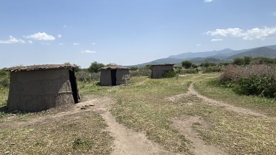 Hier sieht man mehrere Häuser der Familie. Rechts in der Mitte der Platz für das Vieh, der durch eine Dornenhecke abgegrenzt ist. In der Nacht wird es hierher getrieben.