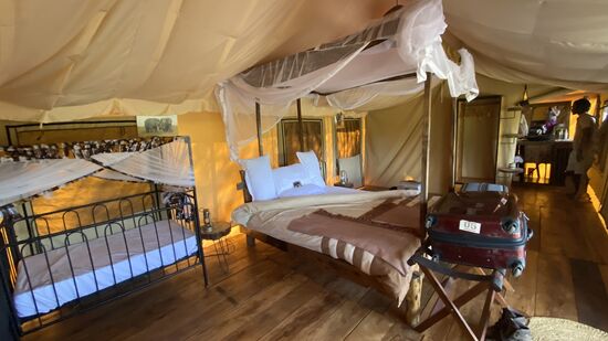 Ein hübsch eingerichtetes Zelt mit Bad, Dusche und Toilette. 
Thomas beschließt gleich zu duschen, kommt dann aber nach einer Weile in das zentrale Zelt.. Kein Wasser.
Einige Mitarbeiter des Camps überprüfen noch die Leitungen und Tanks.
Aber es liegt nicht an den Leitungen: die Tanks sind leer.
