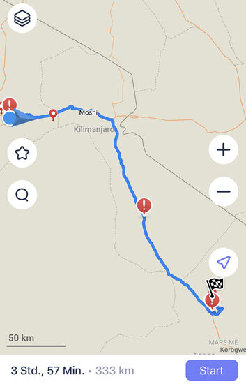 Das ist unsere Strecke für heute bis nach Lushoto in die Usambara- Berge
Wir brauchen aber sehr viel länger,als hier angegeben, obwohl die Straße überwiegend gut ist, denn Timothy hält sich strikt an die 80er Geschwindigkeitsbegrenzung