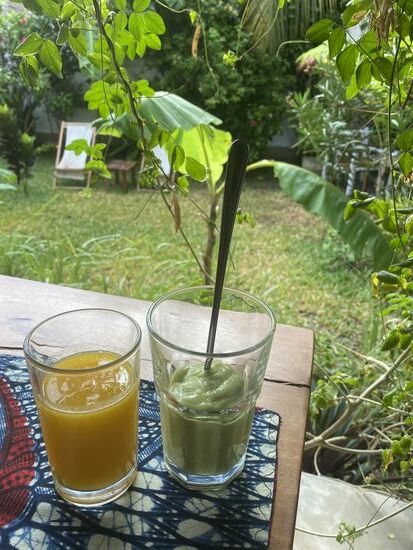 Frischen Mango-Passionsfruchtsaft und einen Smoothie aus Avocado, Banane und Joghurt