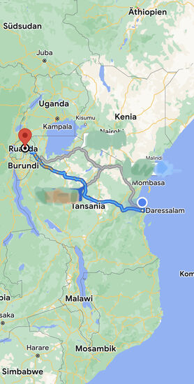 Das ist unsere Strecke für heute: mit der Fähre nach Daressalam und von dort fliegen wir am späten Nachmittag nach Kigali/Ruanda