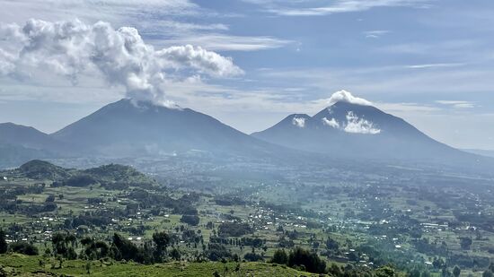 Im Hintergrund sehen wir zwei der insgesamt 6 Vulkane im Virunga Nationalpark. Diese beiden stehen auf der Landesgrenze zu Uganda. Alle Vulkane in dieser Region sind nicht mehr aktiv.