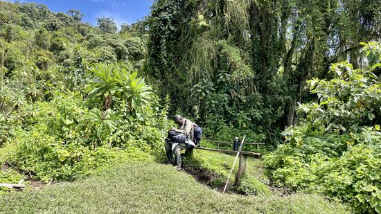 Das hier ist Theo: unser Porter. Er ist sehr hilfsbereit, zieht uns manchmal aus dem Schlamm und trägt außerdem Thomas Fototasche. Er ist dankbar für diesen Auftrag. Zurzeit gibt es hier kaum Touristen und das Einkommen des heutigen Tages hilft ihm und seiner Familie.