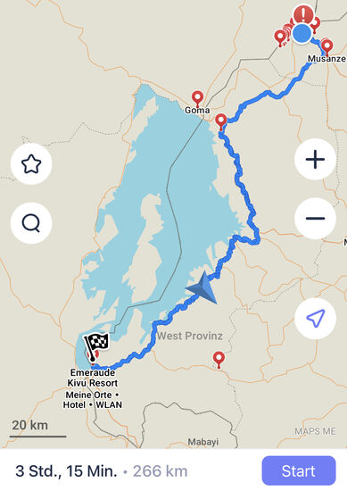 Unsere heutige Strecke: 266km immer entlang dem Kivusee und damit auch entlang der Grenze zum Kongo, die mitten durch den See läuft.
Laut Steven benötigen wir wohl mehr als 6 Stunden