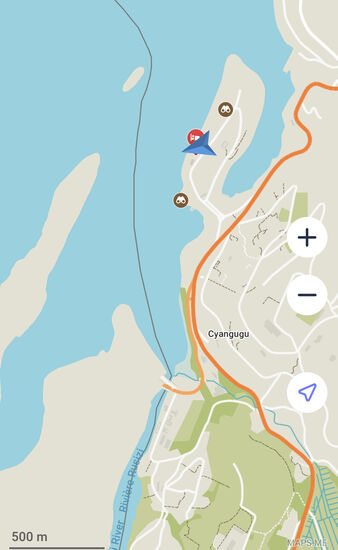 Dort übernachten wir heute —nur 200m Luftlinie vom Congo entfernt—Die Grenze verläuft durchs Wasser-man sieht die kleine Insel, die schon zum Congo gehört