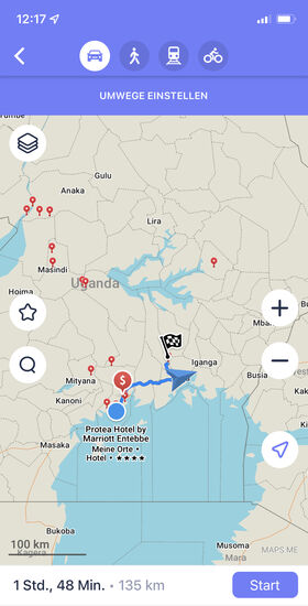 Für die 135 km von Entebbe bis zur Lodge brauchen wir deutlich mehr Zeit als hier angegeben…