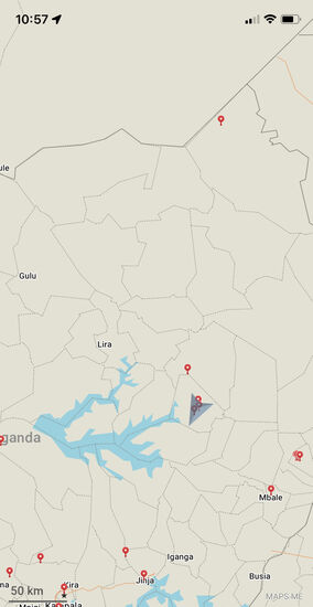 Der Pfeil ist bei Soroti und bei dem roten Punkt darüber befinden sich die Dörfer, in den wir gestern die älteren Menschen besucht haben