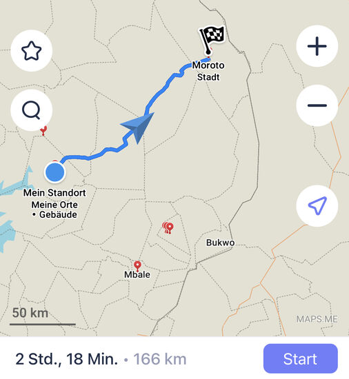 Heute haben wir diese Strecke zu fahren - auf guter Straße - so benötigen wir tatsächlich nur 3 Stunden