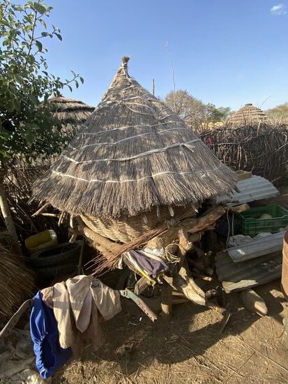 Die Regierung von Uganda hat vor einigen Jahren den Karamajong Moskitonetze gegeben, um die Ausbreitung der Malaria zu stoppen. Die Karamajong glauben aber an ihre eigenen Heilmittel und deshalb nutzen sie die Netze für die Befestigung der Grasdächer. Hier sehen wir eine Vorratskammer, in der auch das Saatgut gelagert wird.