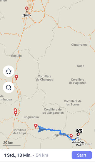 Knapp 60km sind es bis Puyo- viele Serpentinen, deshalb brauchen wir länger als 2 Stunden