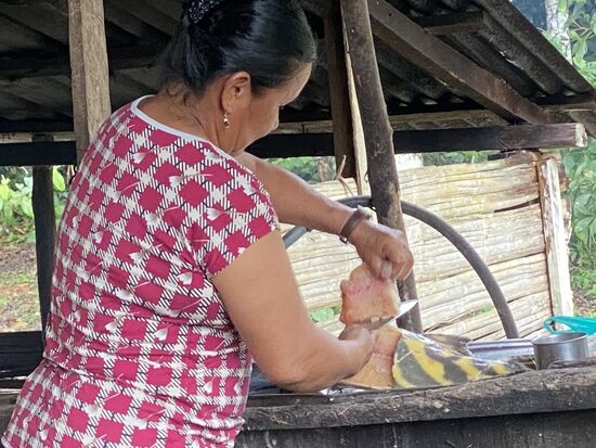 Amanda filetiert den Fisch—es sind schon Stunden vergangen und man frühstückt noch immer—draußen regnet es auch immer noch