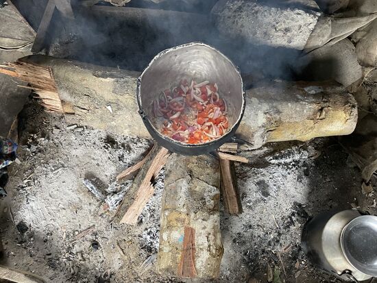 Mit frischen Zwiebeln und Tomaten. Ich habe nirgends gesehen, dass hier etwas angebaut wird—weder Kartoffeln noch Gemüse—hier scheint nix zu wachsen