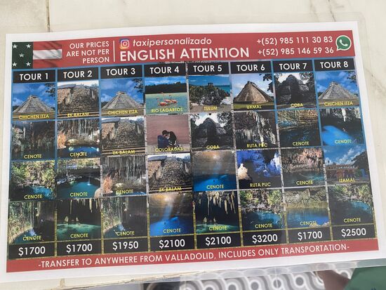 Hier mal ein Foto von diesem Angebot. Unsere Tour kostet 1950 Pesos/ 100 Euro für die reine Fahrt und pro Fahrzeug-nicht pro Person zu den angegebenen Zielen. Eintrittspreise sind extra zu zahlen.
Natürlich ist man mit den Public-Bussen günstiger, aber wegen der Wartezeiten ist es nicht an einem Tag zu schaffen