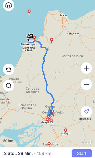 Wir benötigen mit dem Bus 4 Stunden bis nach Puerto Lopez—
Unser gebuchtes Hotel , das „Hosteria del Parque“ liegt noch einige Kilometer davor….