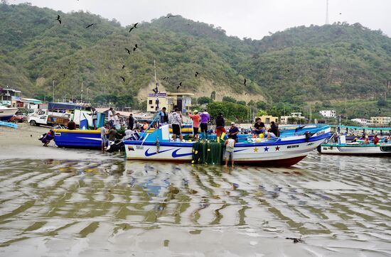 Einige Boot liegen bereits am Strand, sind entladen und die Fischer richten und flicken die Netze.
