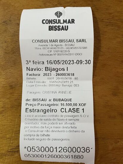 Unser Ticket—für Hin-und eigentlich auch Rückfahrt…trotzdem hat uns Lamin später noch mal Geld für die Rückfahrt abgeknöpft…
