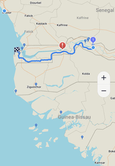 Das ist unsere Tour für heute: als erstes Ziel soll es zu den 3 Inseln gehen, auf denen die Schimpansen und die Hippos leben—diese befinden sich ganz am Ende des „Gambia-River“