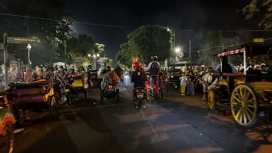 Jetzt wollen wir noch Rikscha fahren. Ich kenne noch von damals die Fahrrad-Rikschas. Heute haben die meisten ein Motorbike
Wir handeln den Preis von 50.000 IDR für eine kleine Stadtrunde aus und los gehts!