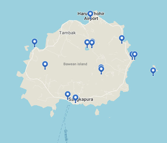 Ich zeige hier mal die Karte von Map.me. Wie schon erwähnt, ist diese noch ganz weiß, lediglich die Hafenstadt Sangkapura, der Ort Tambak und der kleine Airport ist eingezeichnet—alle anderen Punkte sind von mir-die haben wir besucht.