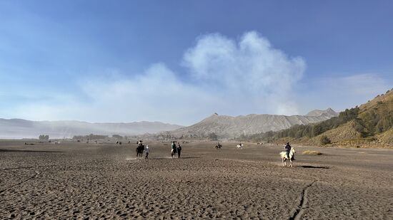 Auf Pferd, Motorbike oder zu Fuß ziehen viele Besucher Richtung Bromo. Hinten rechts sieht man ihn „qualmen“.