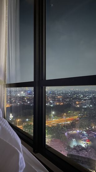 Blick vom Bett aus dem Fenster: wir sind im 15. Stock