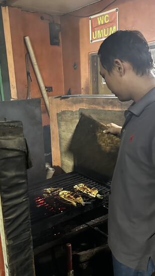 Der wird gleich frisch gegrillt—schmeckt auch ganz gut, ist aber leider voller kleiner Gräten-aber mit Cola, Wasser und Sprite zahlen wir gerade mal 105.000 IDR-das sind ca 6 Euro