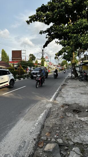 Es gibt keine Fußwege—deshalb macht hier das spazieren gehen keinen Spaß.
Das ist aber auch das typische für Indonesien: Man geht hier nicht zu Fuß!
Für jeden kleinen Weg wird das Bike oder Auto genutzt!
Wir sind die einzigen Fußgänger—kein weiterer ist zu sehen
