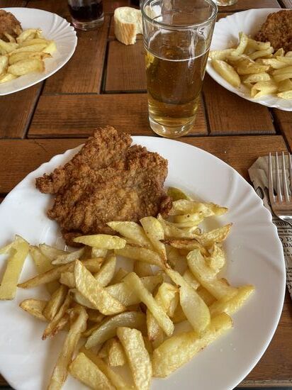 Frische Schnitzel mit selbstgemachten Pommes für ca 6 Euro…