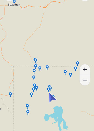 Hier sind die Markierungen wo wir überall waren—wir fahren abends die 125km nach Bozemann zurück