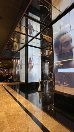 Am späten Vormittag erreichen wir unser Hotel. Wir steigen im Cosmopolitan ab. Dieses Hotel ist kein Themen-Hotel sondern eines der sehr modernen und stilistischen Hotels. Hier befinden wir uns in der Lobby des Hotel. Riesige Säulen mit bizarren Videos empfangen uns an der Rezeption.