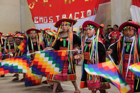 stolz schwingen die Kinder die Fahnen (sie verbündet die verchiedenen Volksstämme aller Andenländer...)