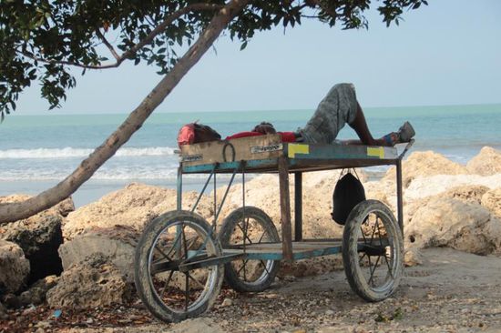 das Obst ist verkauft, Siesta ist angesagt.......hat er sich aber ein nettes Plätzchen ausgesucht
