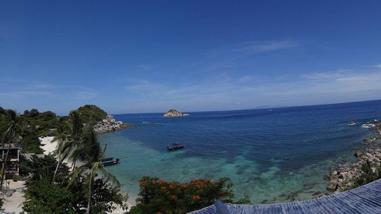 Unsere Bucht, klares Wasser, vielleicht 10 Leute am Strand und Haie an jeder Ecke 
